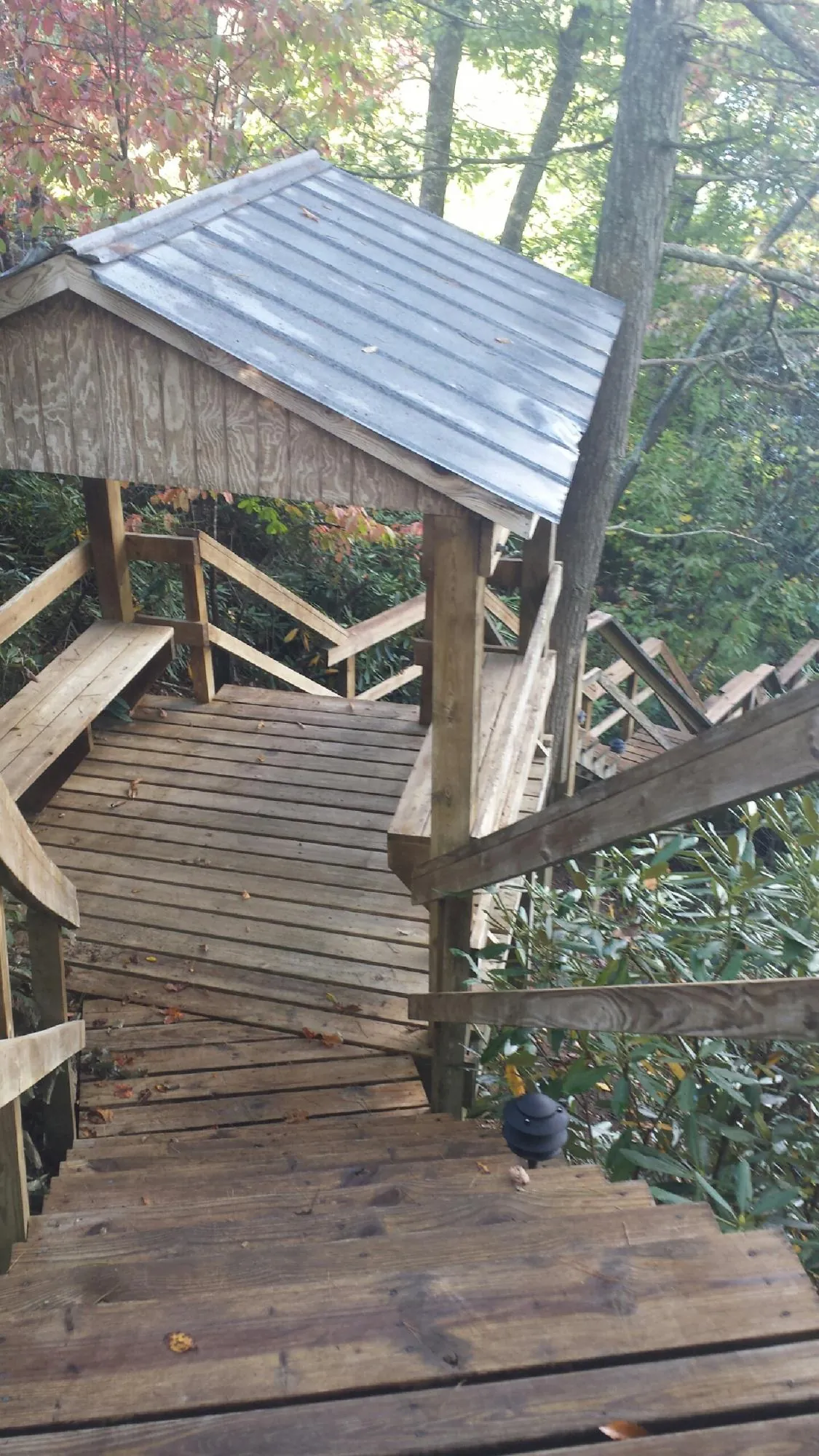 Metal roofed shelter over wooden steps on a wooded walkway — Skylight Repair & Installation work by our crew in Badger
